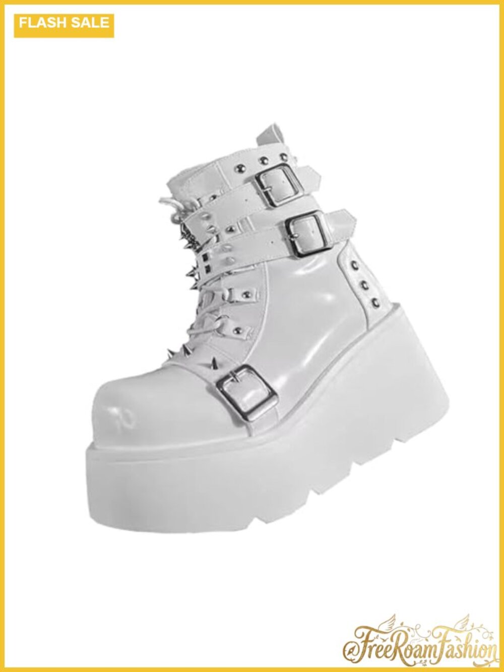 Platform Gothic Ankle Booties Studded Metal Buckle PU Leather Wedge Combat Y2K